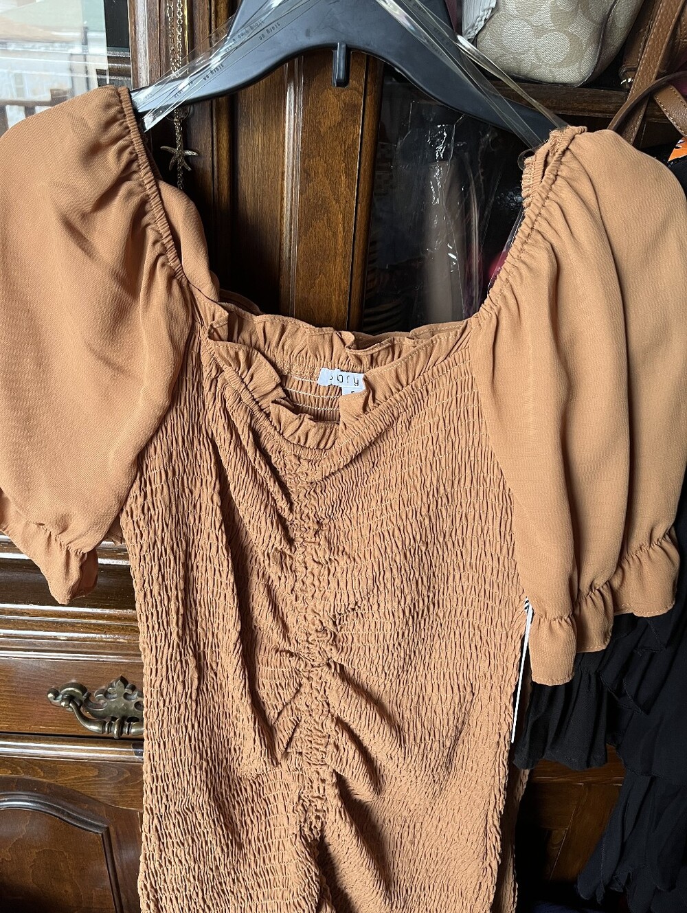 Textured Mauve Ruched Mini Dress - Picture 2 of 4
